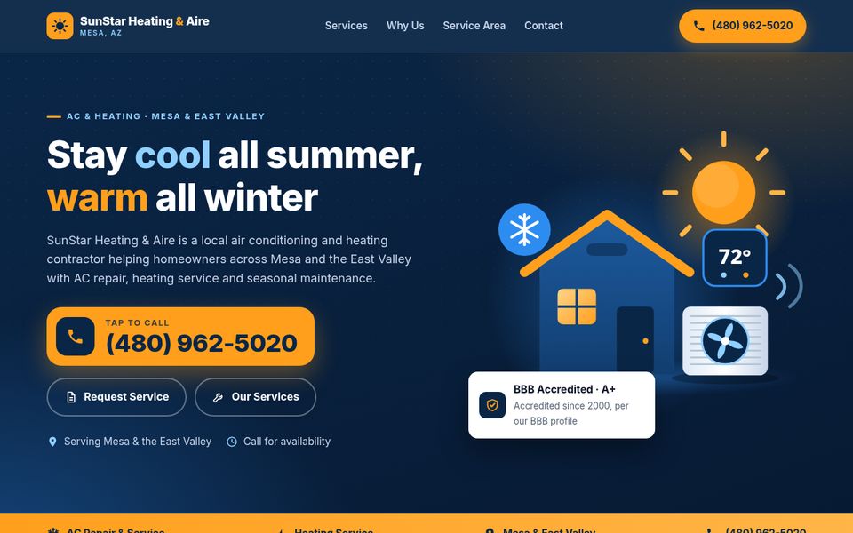 Screenshot of the SunStar Heating & Aire sample website